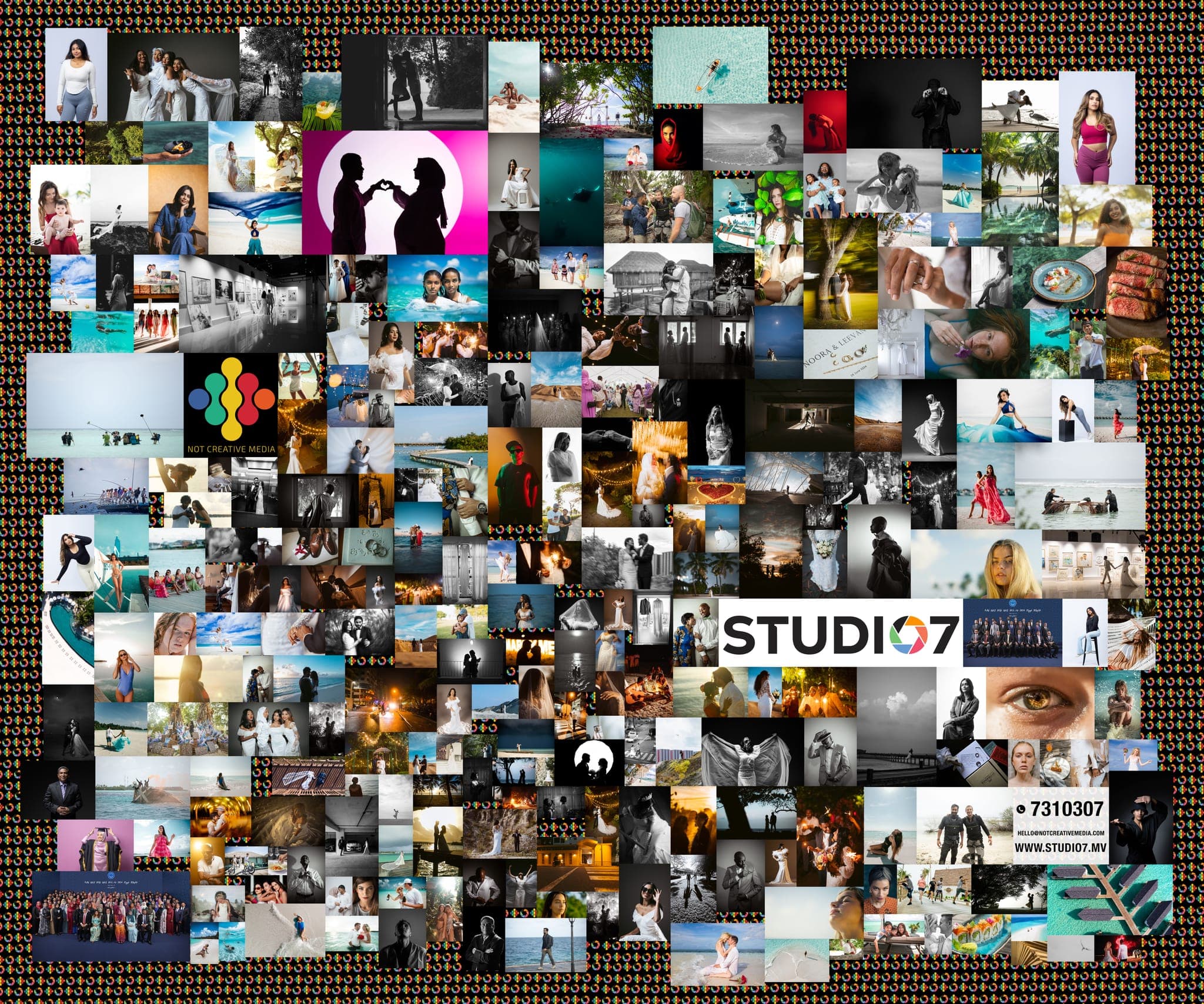 Collage grid of Studio7 portfolio photos and logo