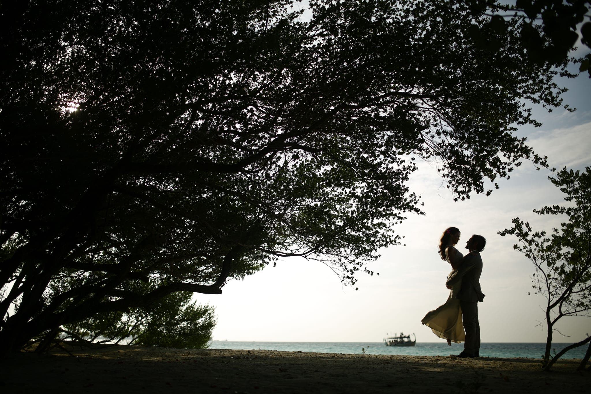 Couple embracing under trees silhouetted against seaside light
