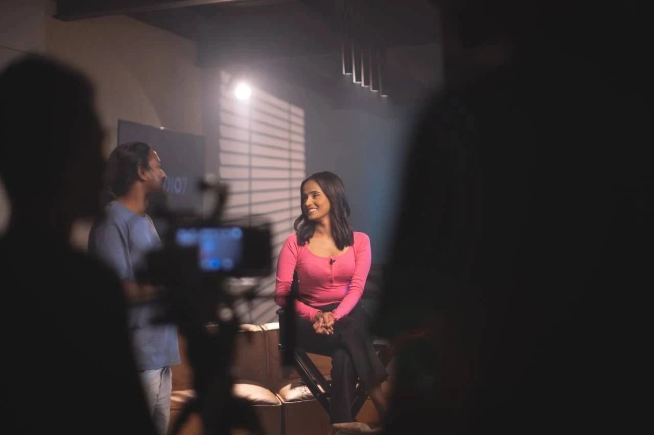 Behind the scenes of an interview being filmed at Studio7.